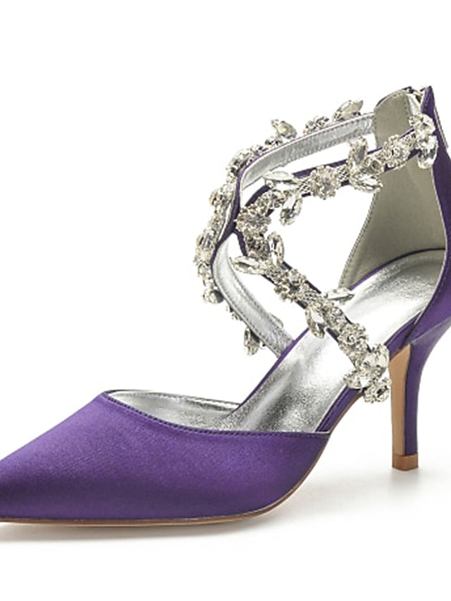 Heels Satin Women's White Pointed Crystal Strap – Elegant