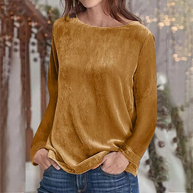 Women's Velvet Elegant Dressy Blouse Plain Stylish Long