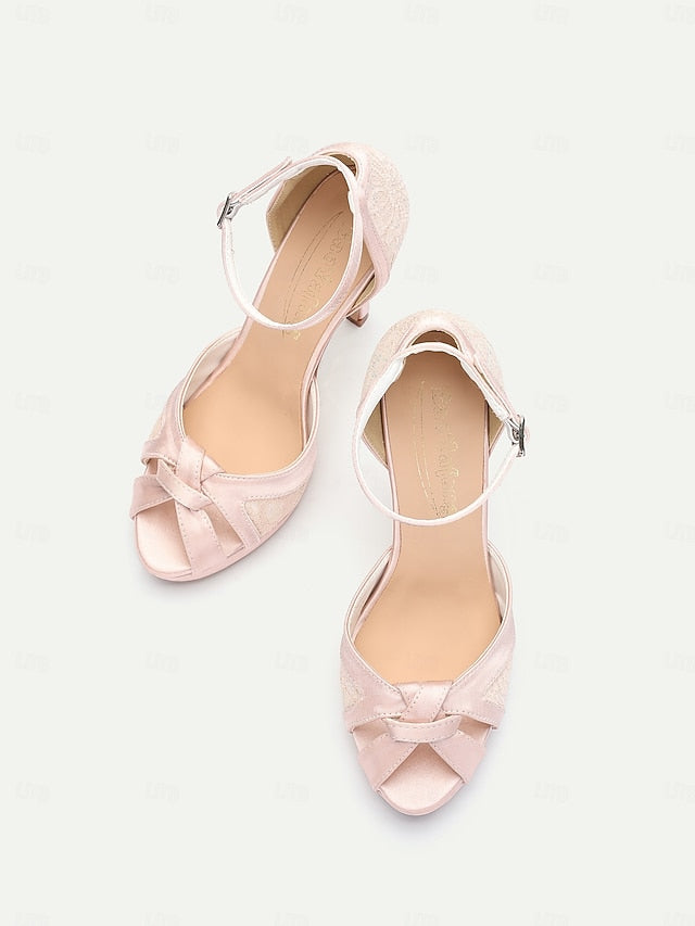 Heel Pink High Sandals Women's Elegant with Peep Toe Satin
