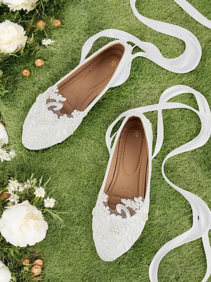 - Wedding Ties Lace White with Bridal Shoes Ribbon Elegant Flats