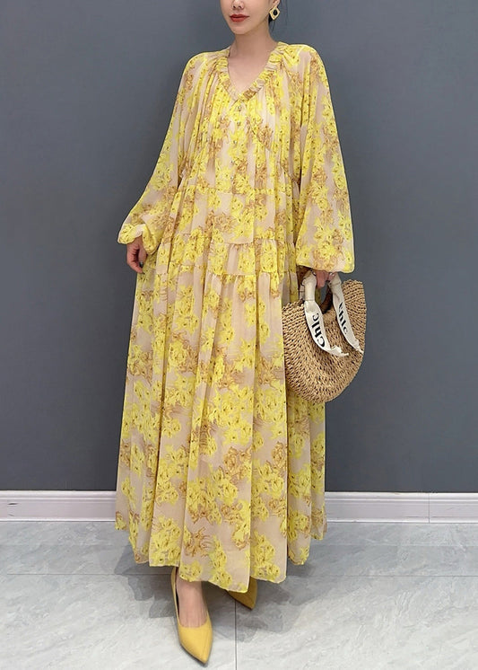 Plus Size Yellow V Neck Ruffled Print Chiffon Long Dresses Fall AO1069