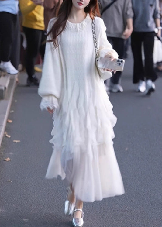 Weiß Maxi Ärmel Solide Tüll Schmetterling Kleider Elegante