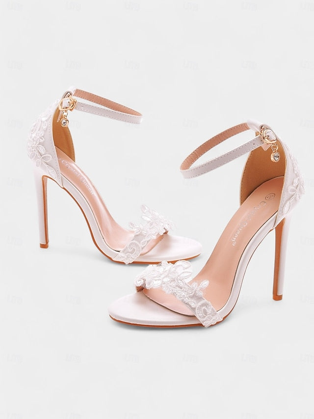 Wedding Ankle Lace with Strap White Women's Heels Stiletto