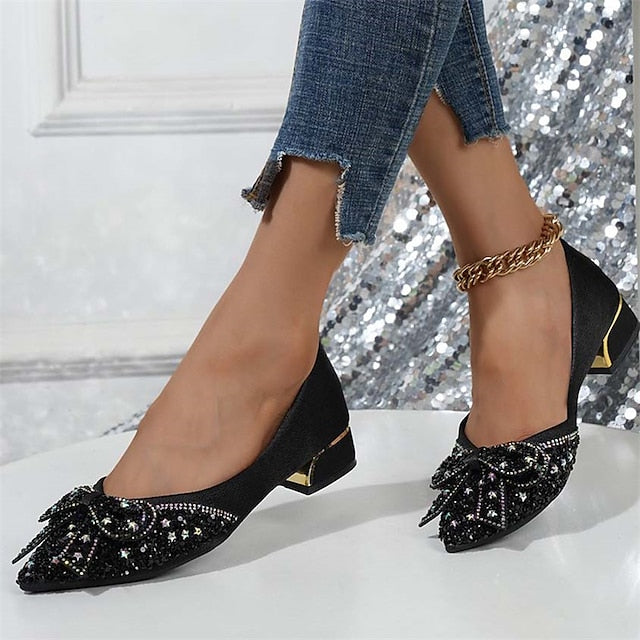 Women's Glitter Flats Rhinestone Detail - Elegant Bow with