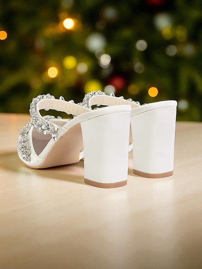 Floral Black Women's Block with Mules Rhinestone Heel Satin