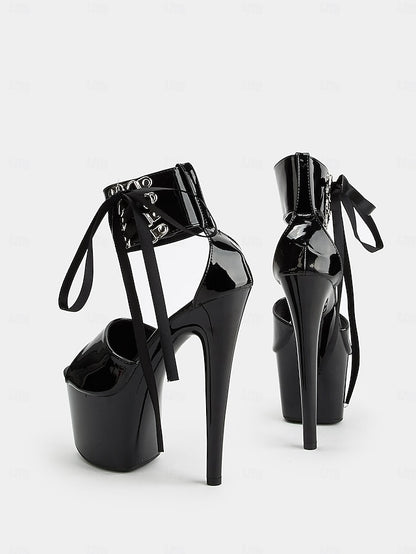 Straps Black Leather Ankle Lace-Up with Patent Sandals Platform