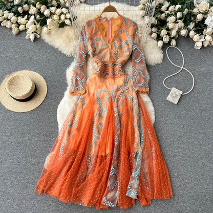 Robe à manches longues en tulle brodé orange à col en V d'Italie AR1005 