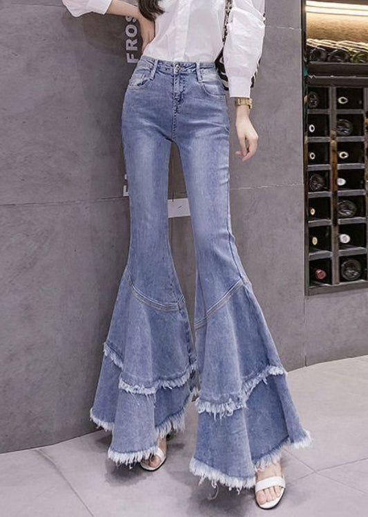 Denim Frühling Stilvolle Quaste Ausgestellte Patchwork Hose Blau 