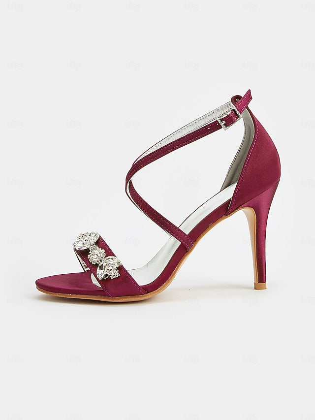 Stiletto Heels Straps with Purple Satin Women's Rhinestone