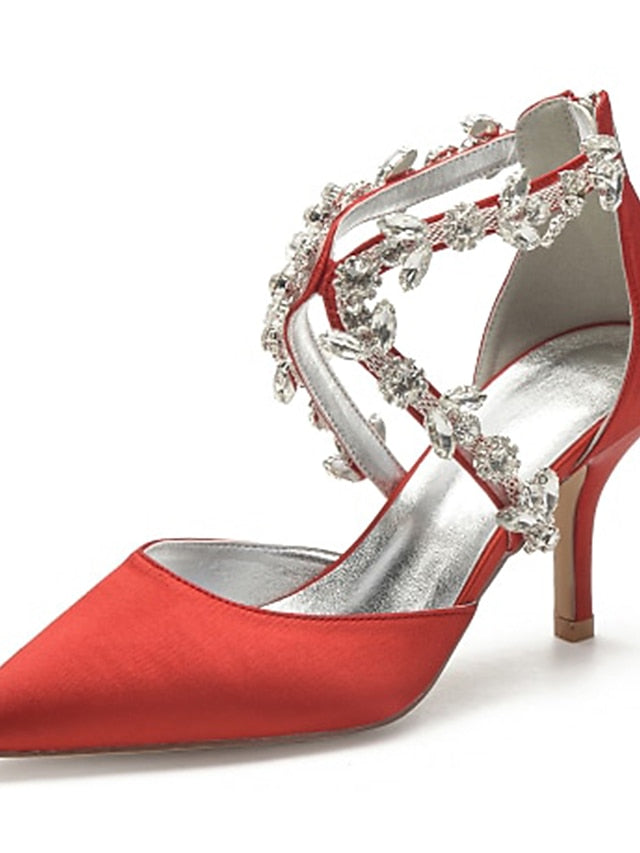 Heels Satin Women's White Pointed Crystal Strap – Elegant