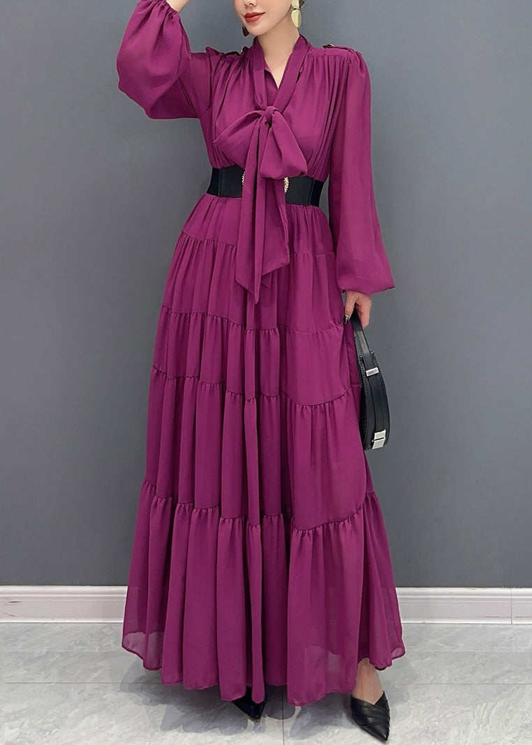 Chic Purple V Neck Patchwork Party Chiffon Long Dress Fall AO1040