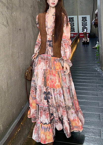 Kleid Braun Und Rüschen Wildleder Faux Elegante Weste Zwei-Stück 