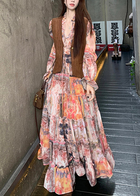 Kleid Braun Und Rüschen Wildleder Faux Elegante Weste Zwei-Stück 