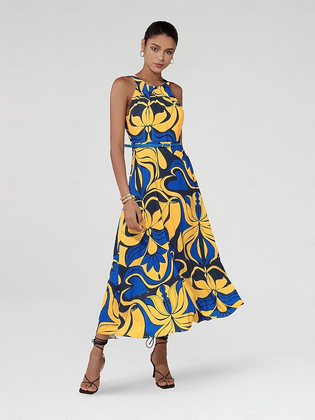 Satin Leaves Sleeveless Maxi Dress (No Belt)