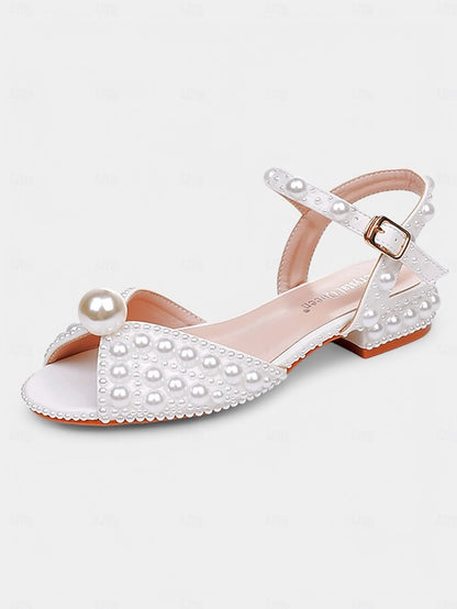 – Heel Women's Sandals Low White Pearl-Embellished