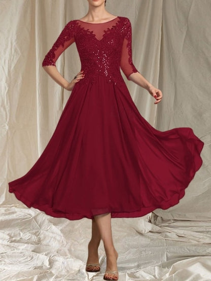 of the Bride Mother Crew Dress Neck Elegant Guest A-Line Wedding