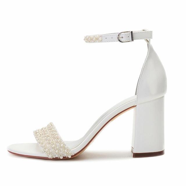 Women's White Block Strap Ankle Embellished Pearl Ivory
