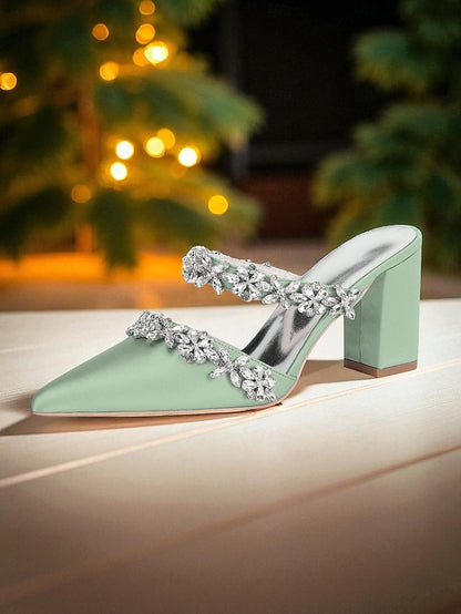 Block Satin Women's Heel Rhinestone Mules with Floral Black