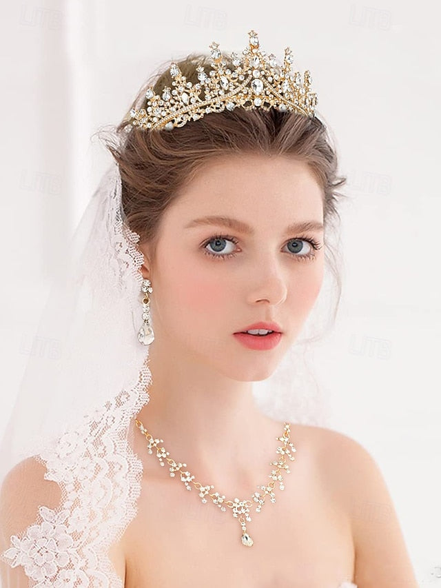 – Sparkling Set Gold-Plated Tiara Diamond Necklace Crown and