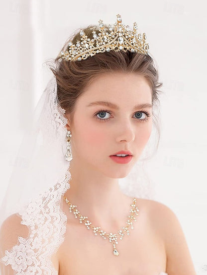 – Sparkling Set Gold-Plated Tiara Diamond Necklace Crown and