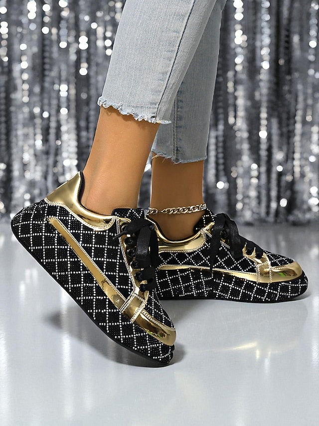 Quilted and Rhinestone Black Sneakers - Women's Silver