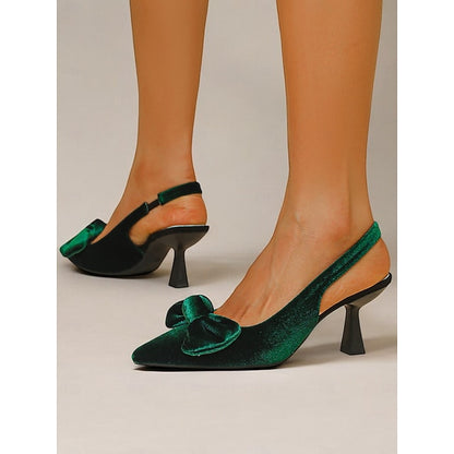 Women's Bow Pointed Velvet Heels Slingback Toe with Blue