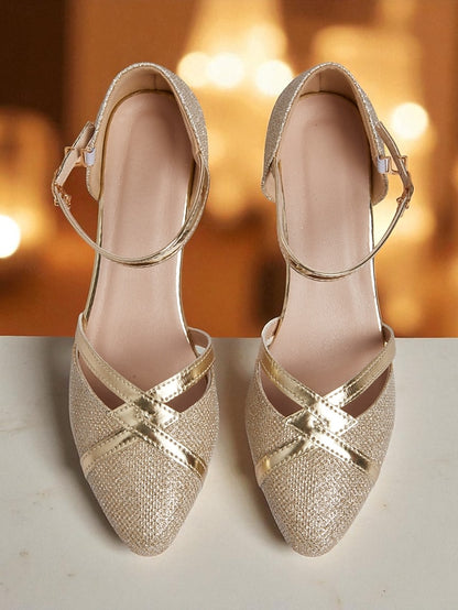 Ankle Elegant Strap Heel Pumps Gold Block Glitter Women's -
