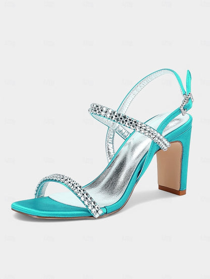Sandals Prom White Block Rhinestone Women's Bridal – Heel