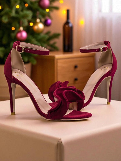 Women's High Velvet Red Heel Strap Ankle Sandals - Elegant