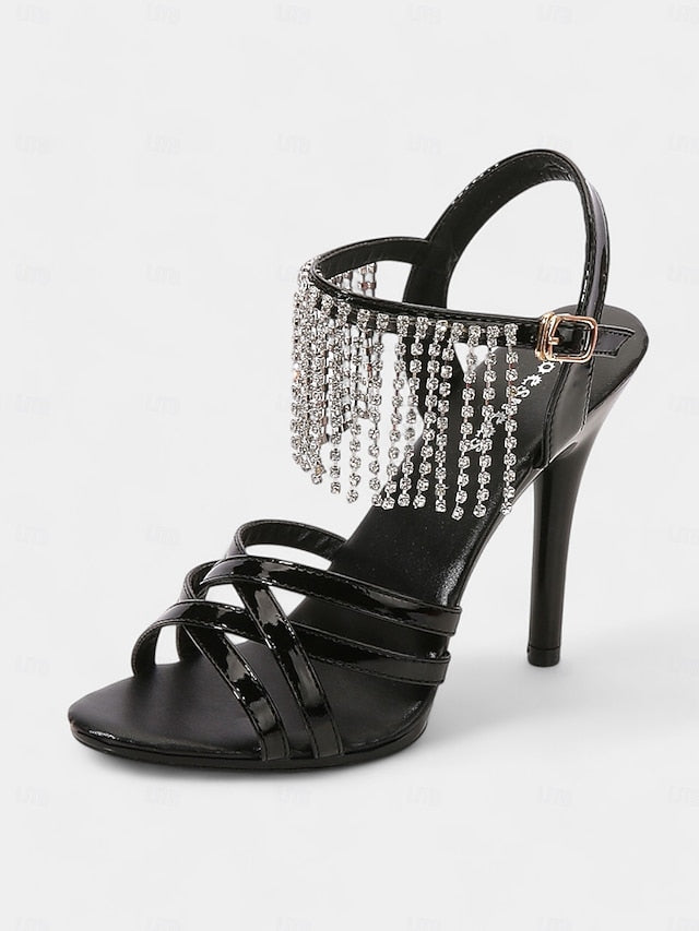 Leather Patent Stiletto Women's Rhinestone with Sandals Red