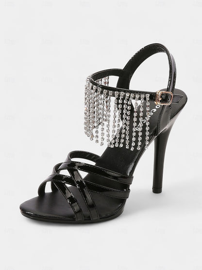 Leather Patent Stiletto Women's Rhinestone with Sandals Red