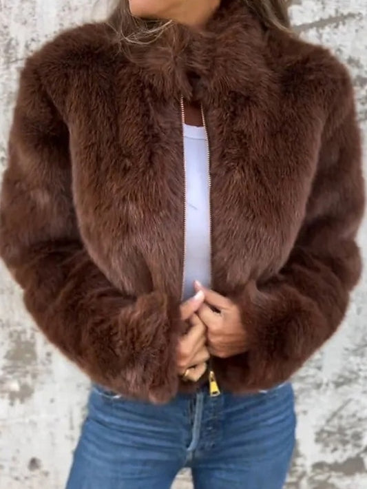 Breathable Casual Plain Faux Women's Fur Coat Warm Zipper