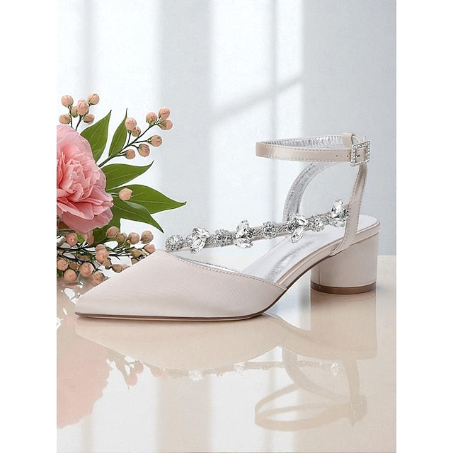 Heel Rhinestone Block Pumps Purple Women's with Satin