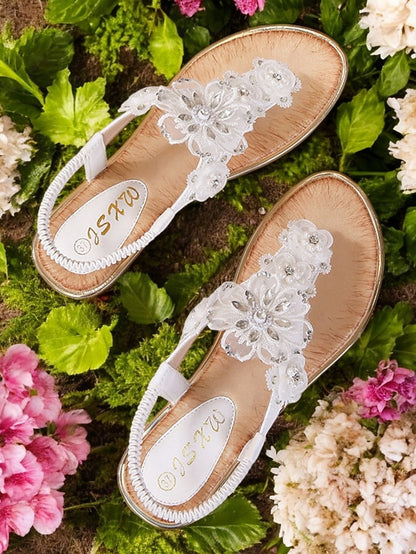 Women's T-Strap Lace Sandals Floral Embellished Pink –