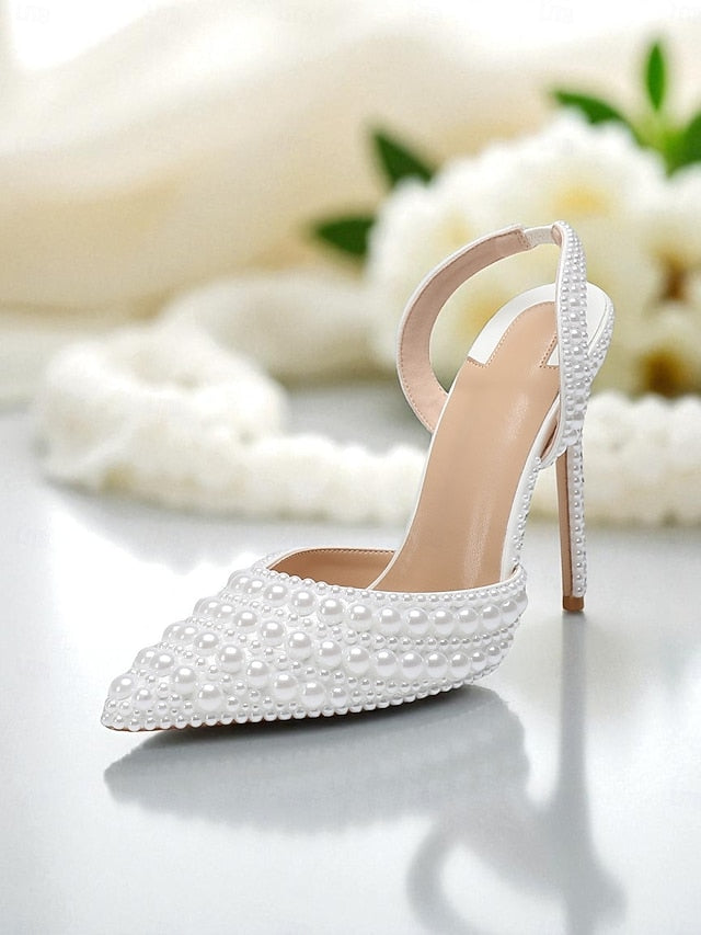 Pearl-Embellished Women's Leather Heels White - Slingback