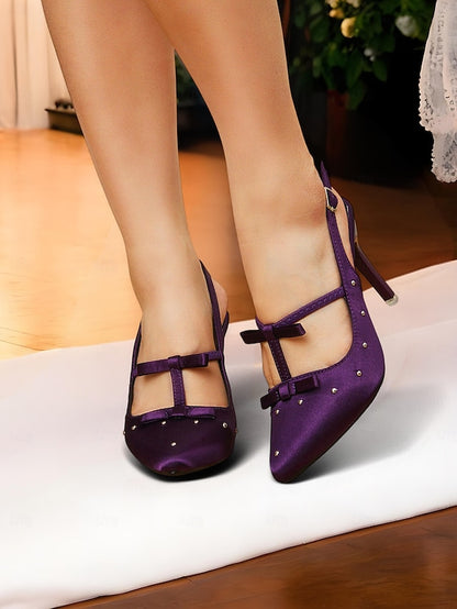 Heels Women's Purple and with T-Strap – Bows Satin Studs