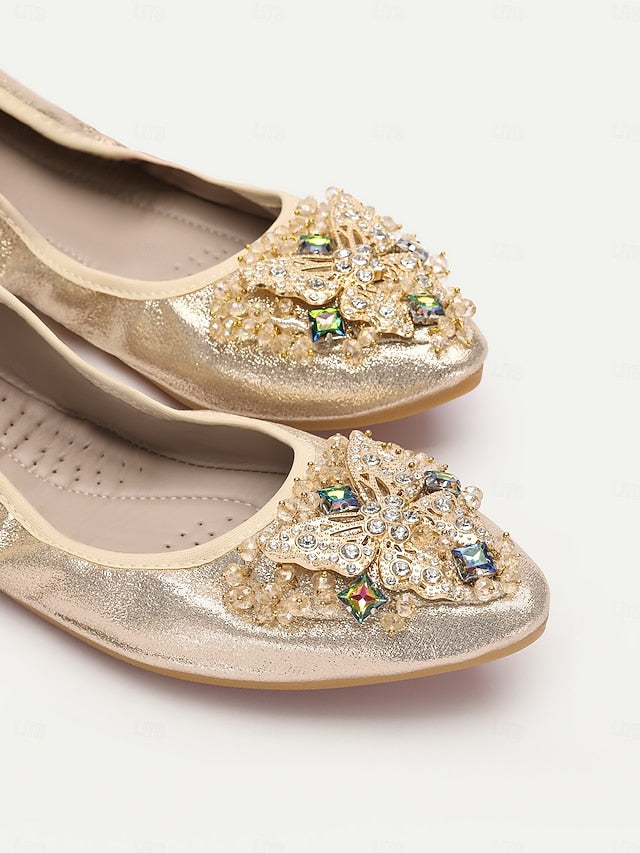 with Foldable Gold Glitter Women's Crystal Flats