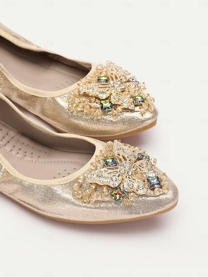 Gold Flats with Women's Crystal Foldable Glitter