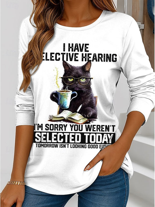 Women's T shirt Crew Neck Long Sleeve Tunic Graphic Cat