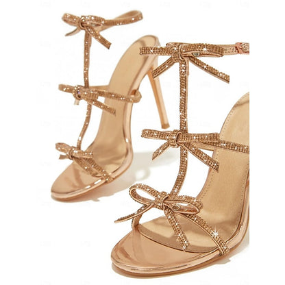Stiletto Sandals Knot Strappy Sparkly Bow – Women's Gold