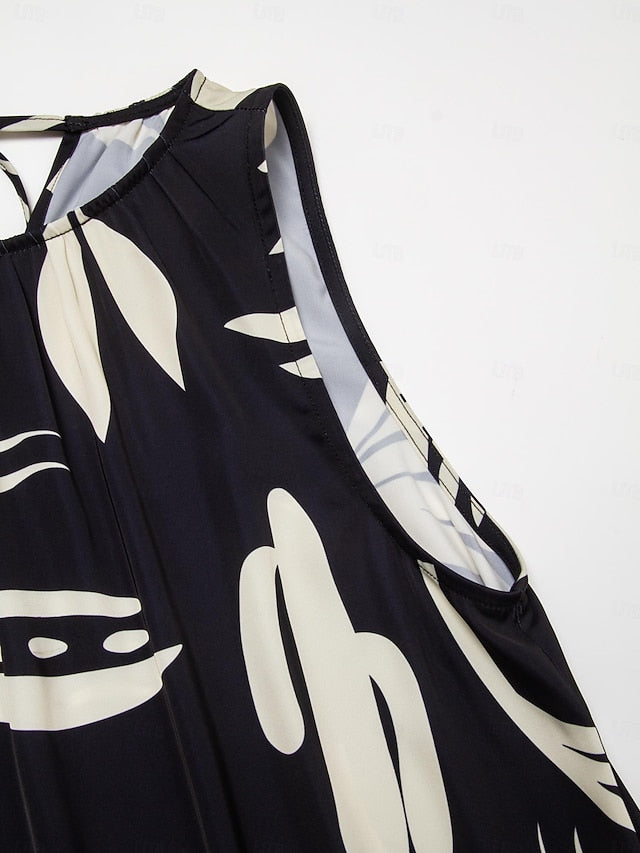 Satin Leaves Sleeveless Maxi Dress (No Belt)