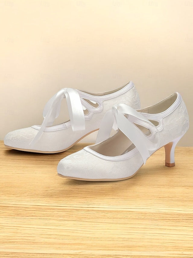 Satin Ribbon Bridal - Elegant White Pumps Vintage Lace with Ties
