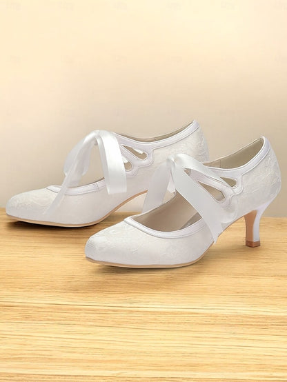 Satin Ribbon Bridal - Elegant White Pumps Vintage Lace with Ties