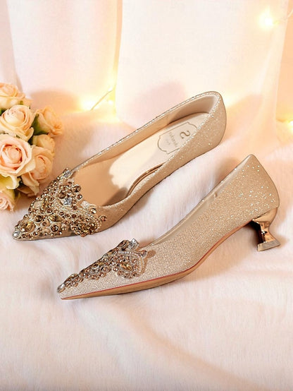 Women's Low Heel with Pointed-Toe Glitter Gold Pumps