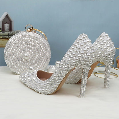 Purse White and Stiletto Round Pearl-Embellished Pearl Set Heels