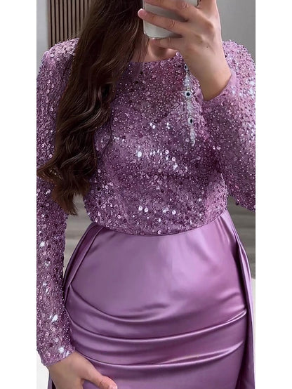 Evening Long Dress Gown Mermaid RuchedSatin Sleeves Sequin