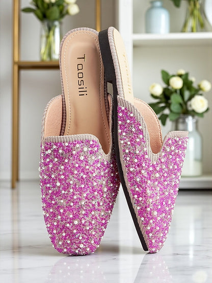Rhinestone and Pink - Women's Pearl Mules Embellished