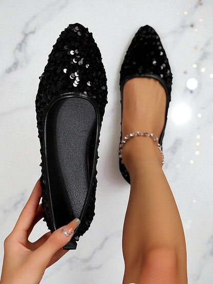 Ballet Sequin Women's - Toe Pointed Flats Black Sparkly