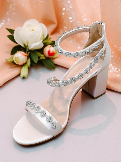 Elegant White Sandals Women's Block Rhinestone Heel - Open