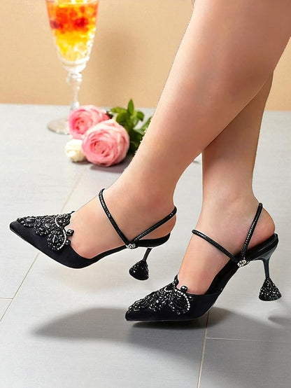 Gold Rhinestone Toe Satin Pointed Embellished Women's